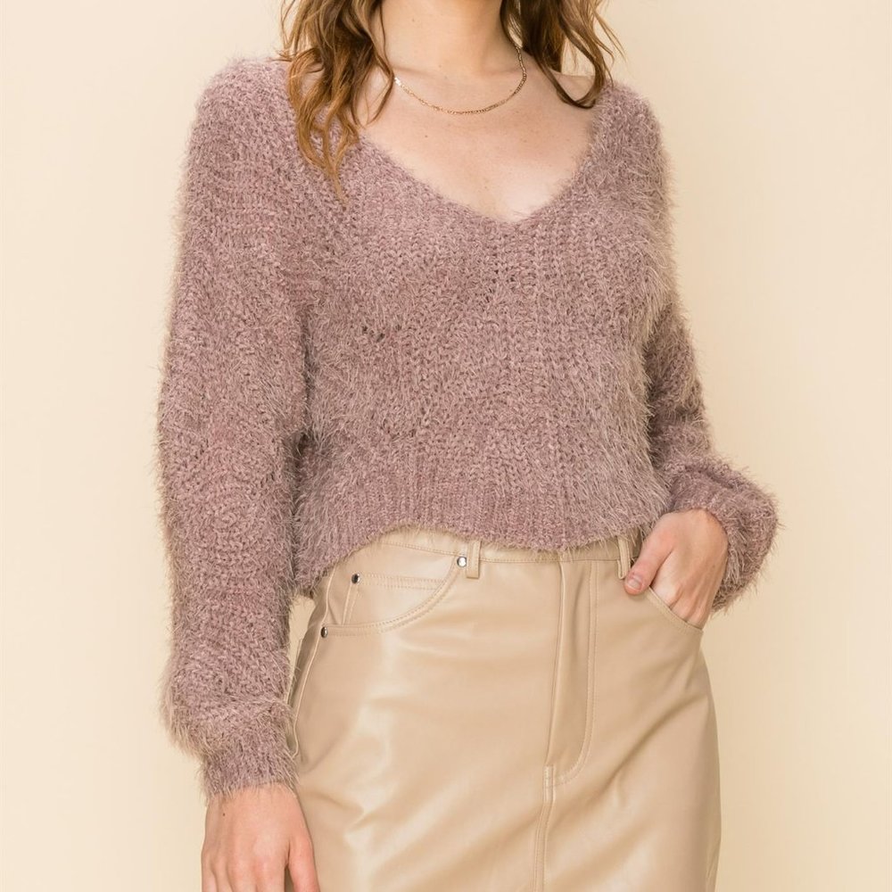 HYFVE Mauve Fuzzy V-Neck Sweater